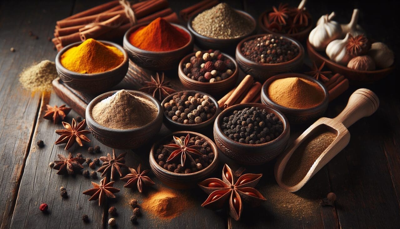 Illustration de diverses épices commençant par la lettre A, avec étiquette centrale "Épices commençant par A", disposition élégante, éclairage naturel chaleureux sur fond boisé.