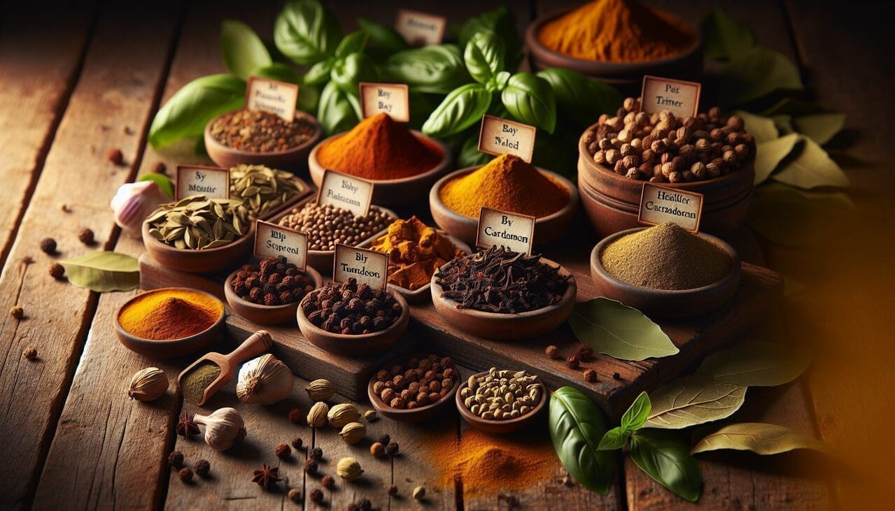 Epice en B sur une table en bois rustique avec basilic, laurier, cardamome, curcuma et graines de moutarde.