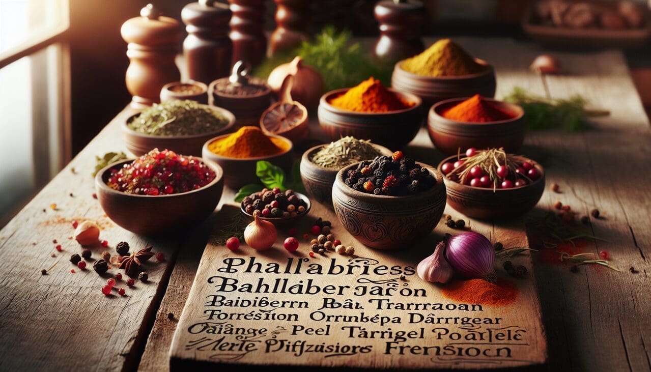 Affiche : "Assortiment d'épices commençant par E sur une table en bois rustique".