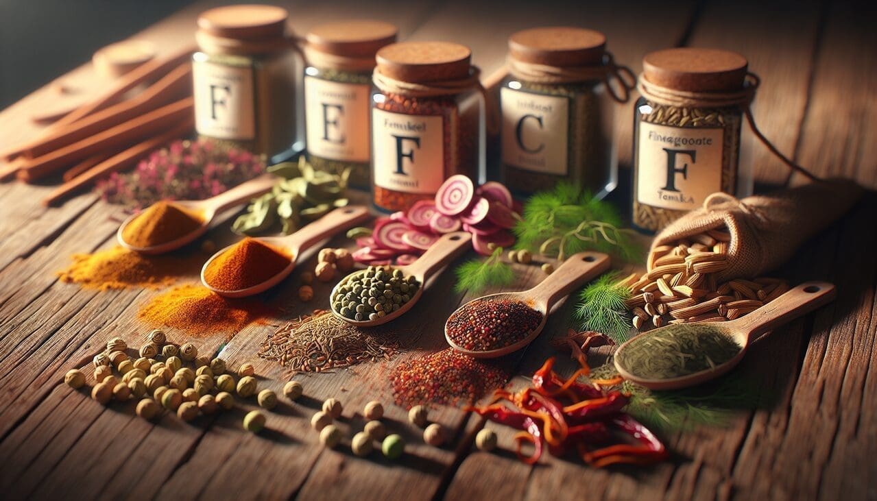 Épices en F sur table rustique en bois, à la lumière naturelle.