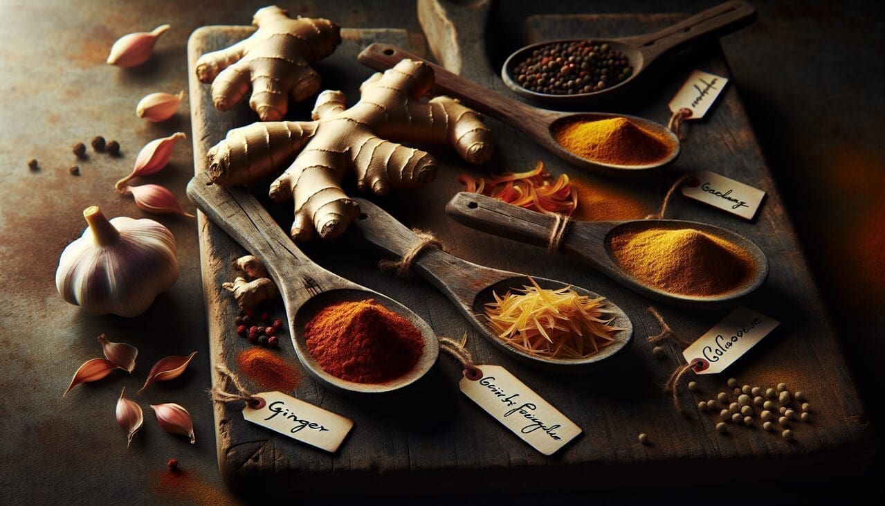 Assortiment d'épices commençant par G sur planche en bois : gingembre, galanga, maniguette.