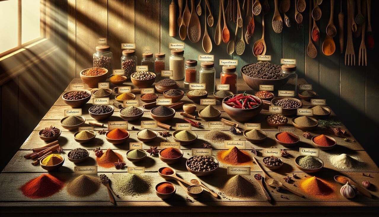 Epices variées en J admirablement disposées, couleurs vives et textures appétissantes.