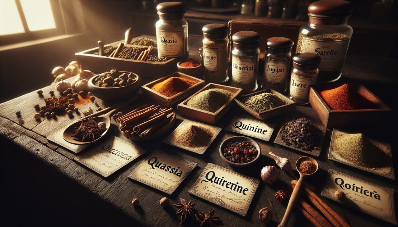 Epices variées disposées sur table sombre, éclairage naturel, textures riches, étiquettes élégantes.