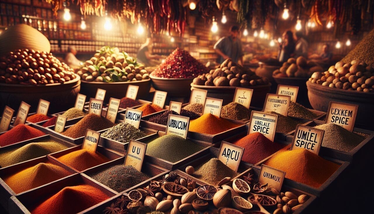 Epices en U au marché : urucum, umbellate, ambiance riche, étiquettes lisibles, variété d'aspects.