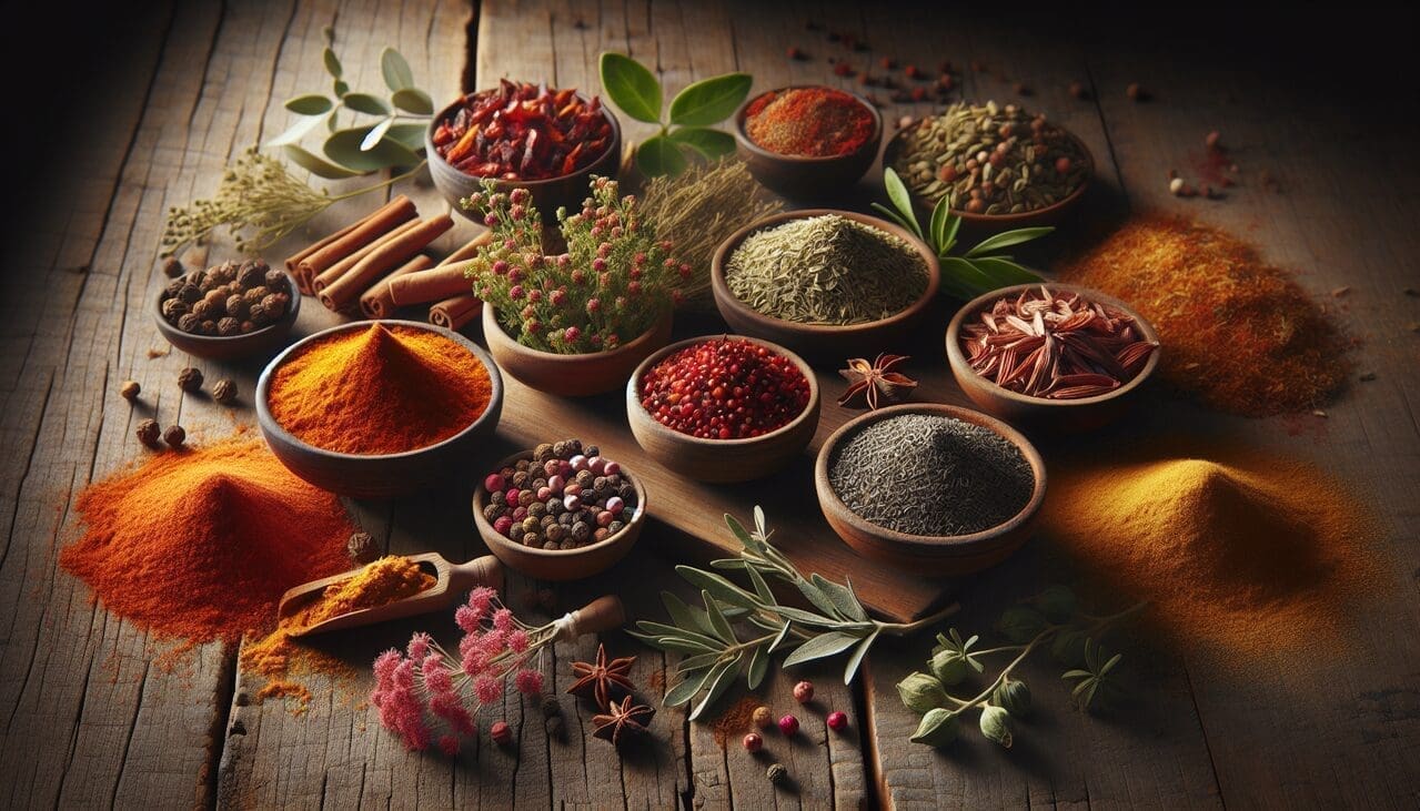 Epices variées en Z pour la texture, couleur et forme uniques : zedoary orange, zaatar vert avec sumac rouge, zataria rose. Sur table en bois rustique, éclairage naturel matinal.