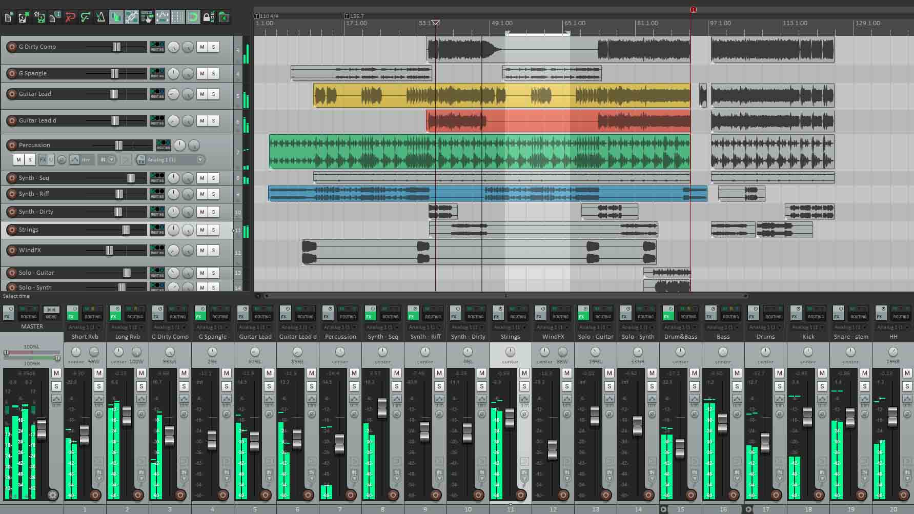 Interface du logiciel REAPER affichant des pistes audio et une console de mixage