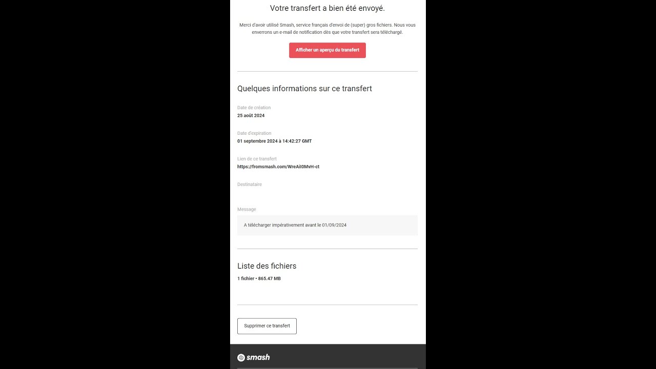 Écran d'ordinateur illustrant l'envoi sécurisé de fichiers volumineux