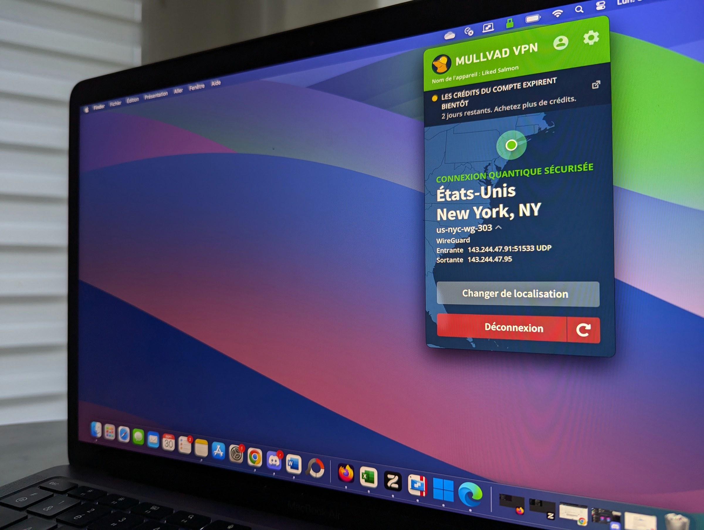 Interface de connexion de l'application Mullvad VPN sur ordinateur